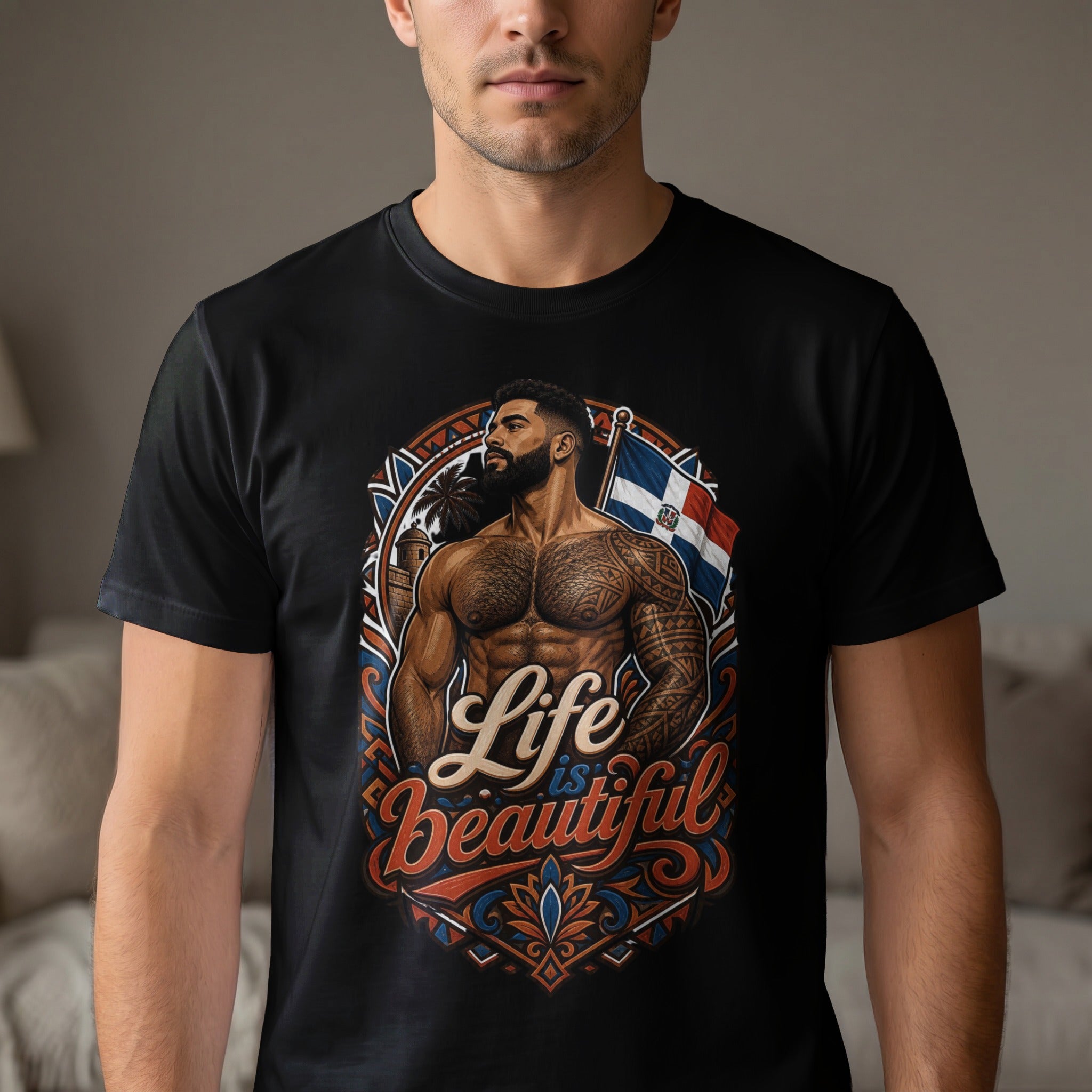 T-shirt featuring muscular man with Dominican flag and "Life is Beautiful" text.