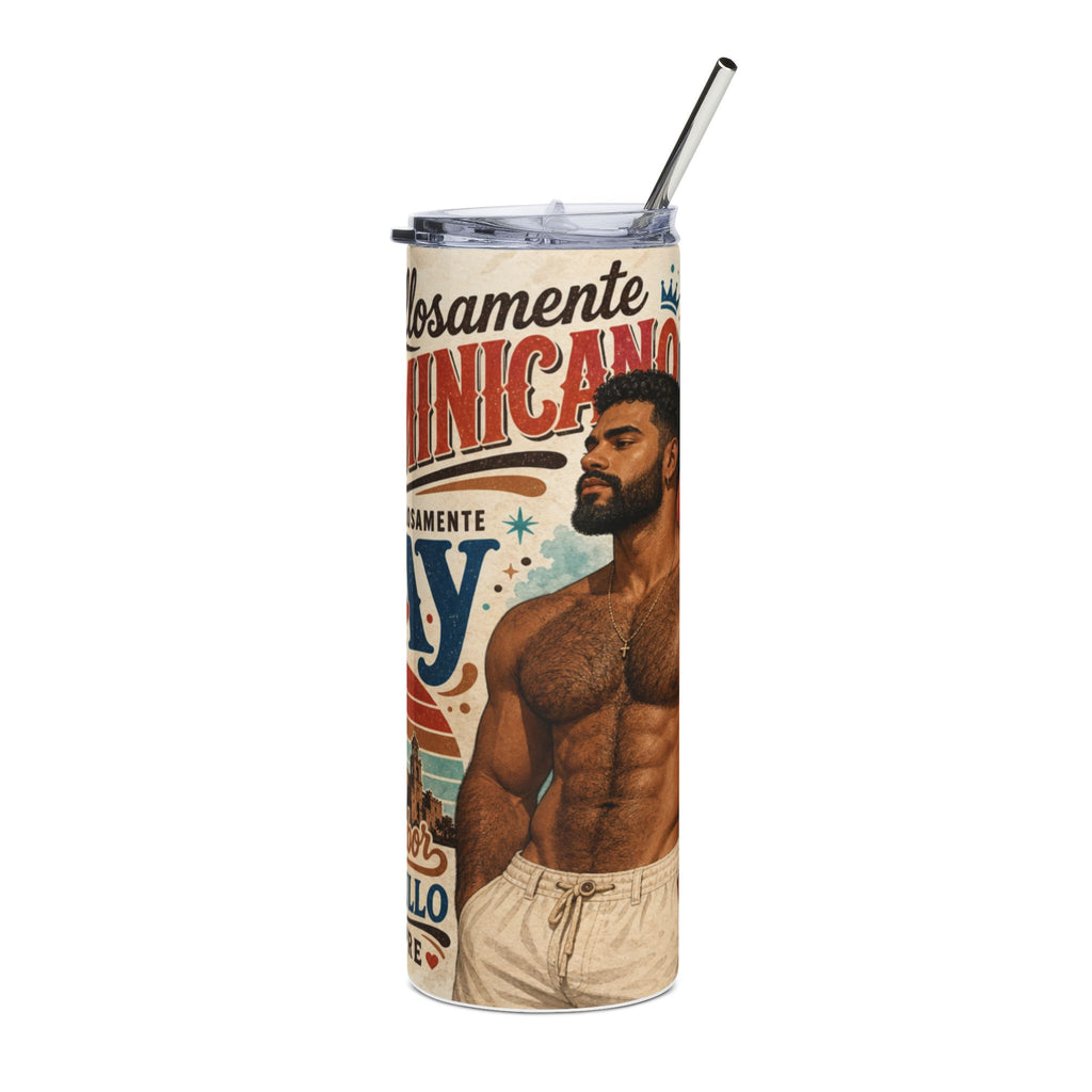Dominicano Gay tumbler with muscular man and tropical imagery.