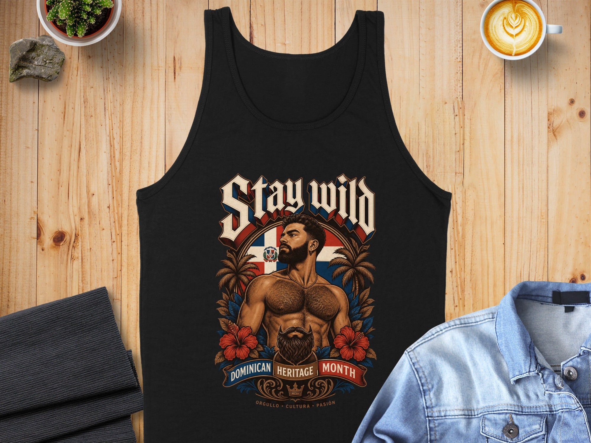 Black tank top with "Stay Wild" and Dominican Republic art.