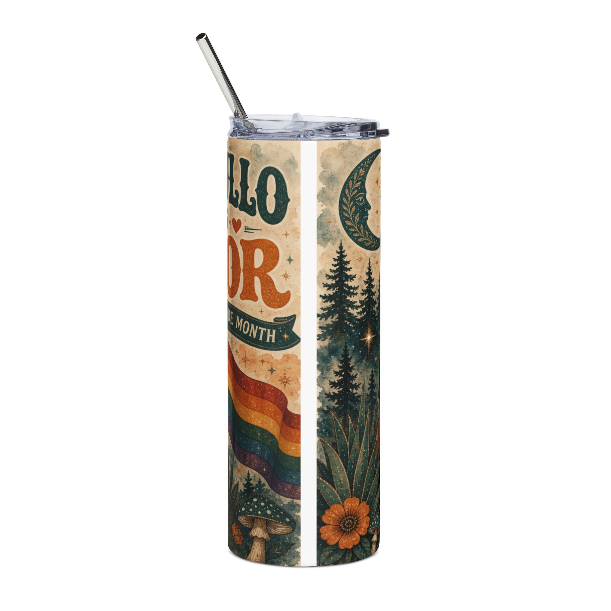 Rainbow flag, moon, trees, and mushrooms on a tumbler with text "HELLO GAY MONTH".