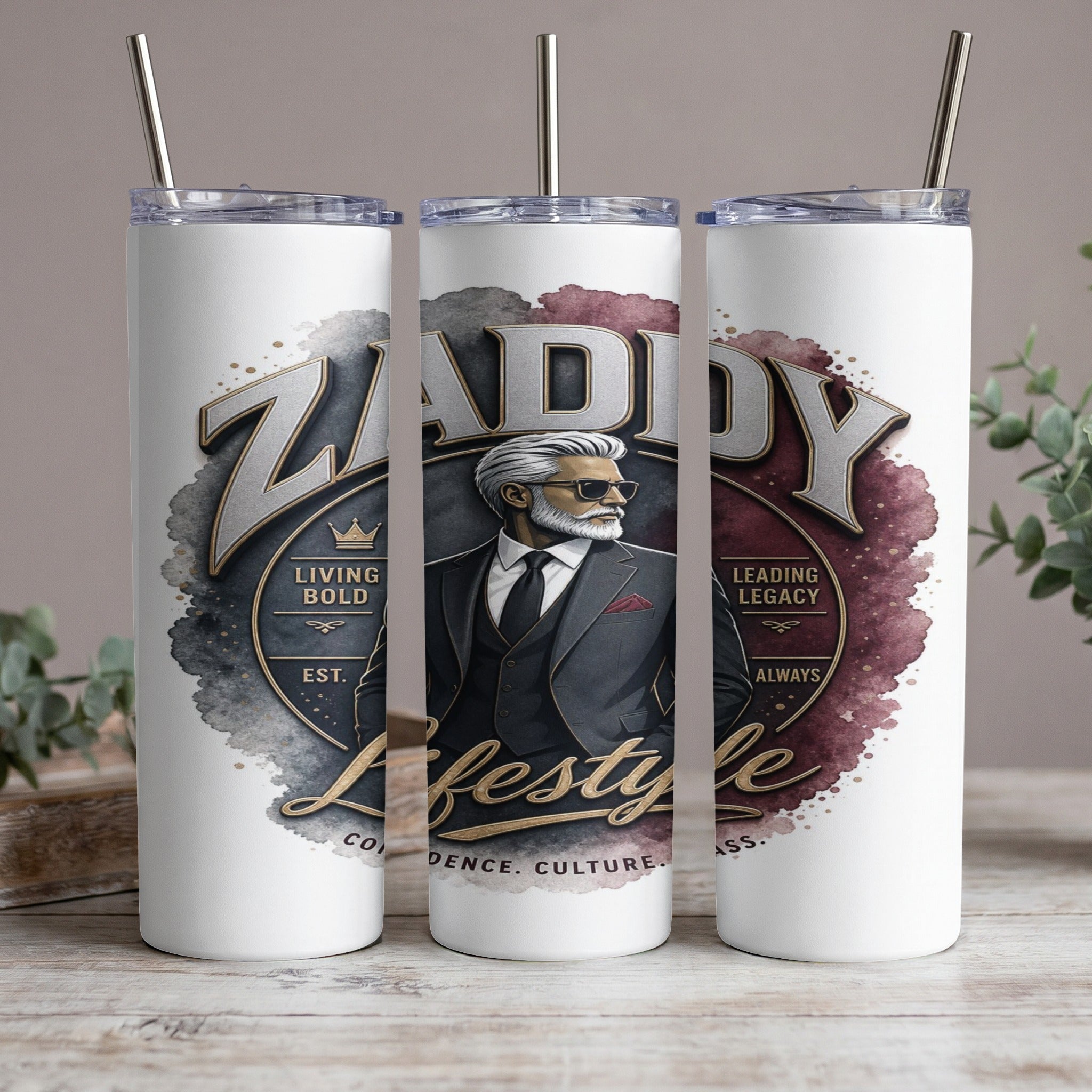 White tumbler with "Zaddy" text and a distinguished man in a suit.