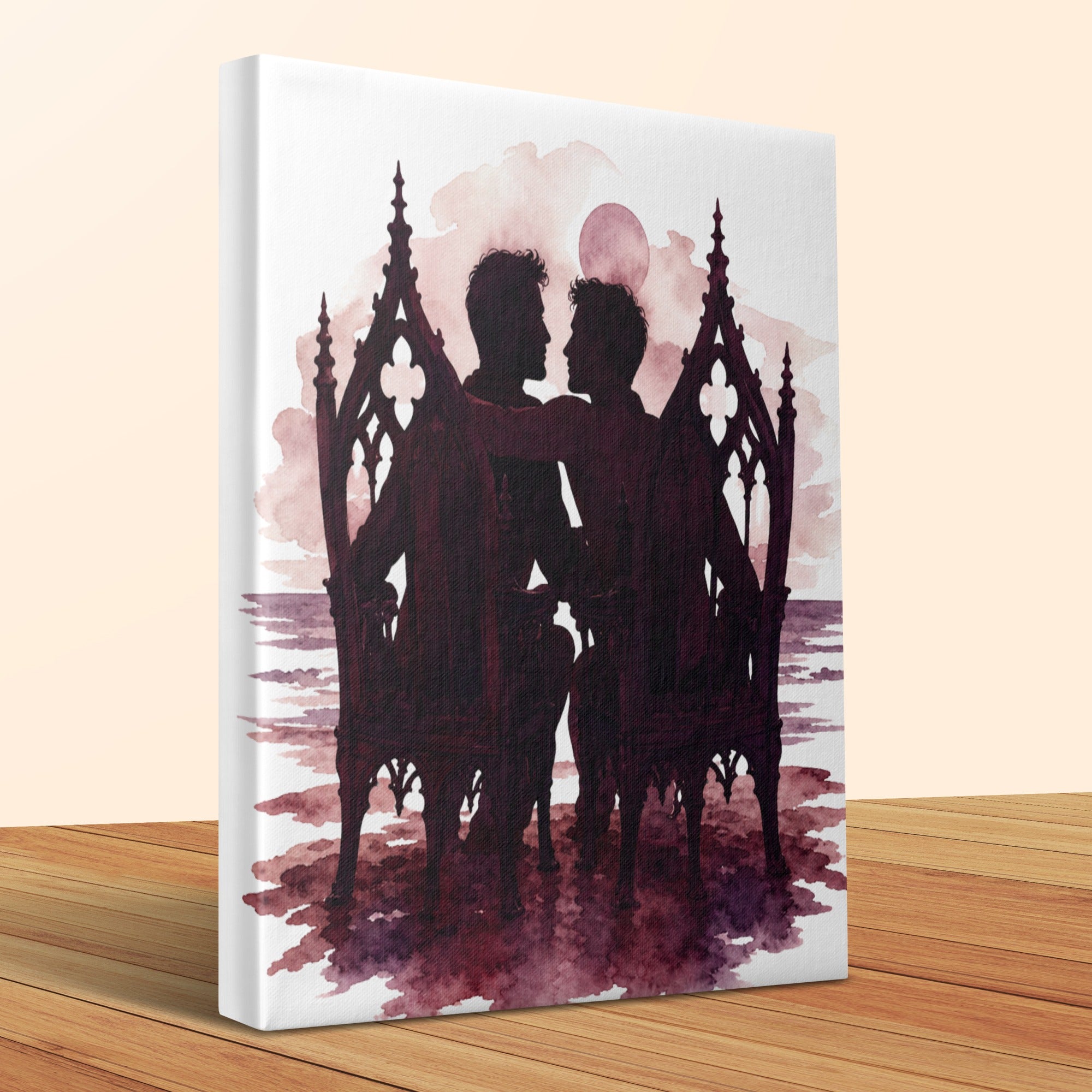 Two men in silhouette embrace while seated between gothic-style architectural frames.