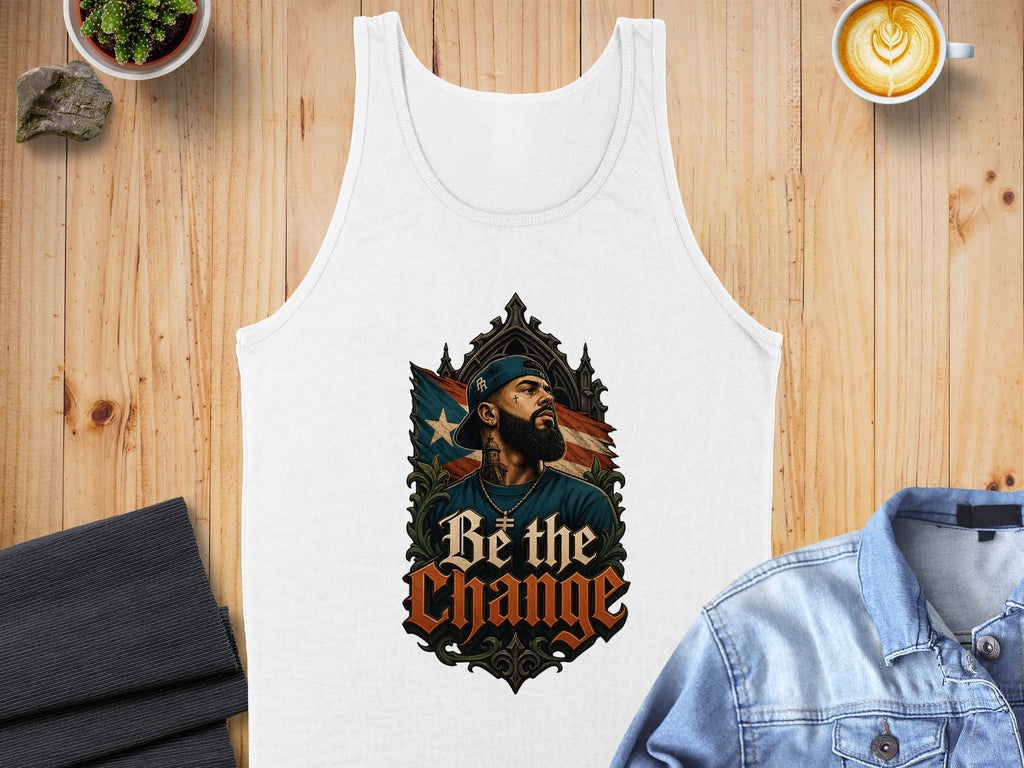 White tank top with graphic of man wearing a bandana and "Be the Change" text.