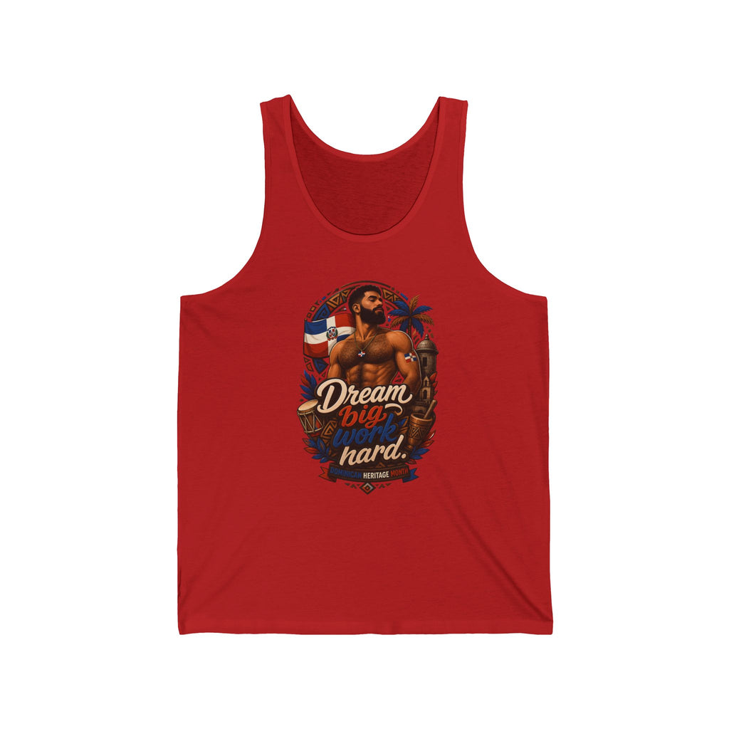 Red tank top with a muscular man, Dominican flag, and the text "Dream Big Work Hard Heritage".