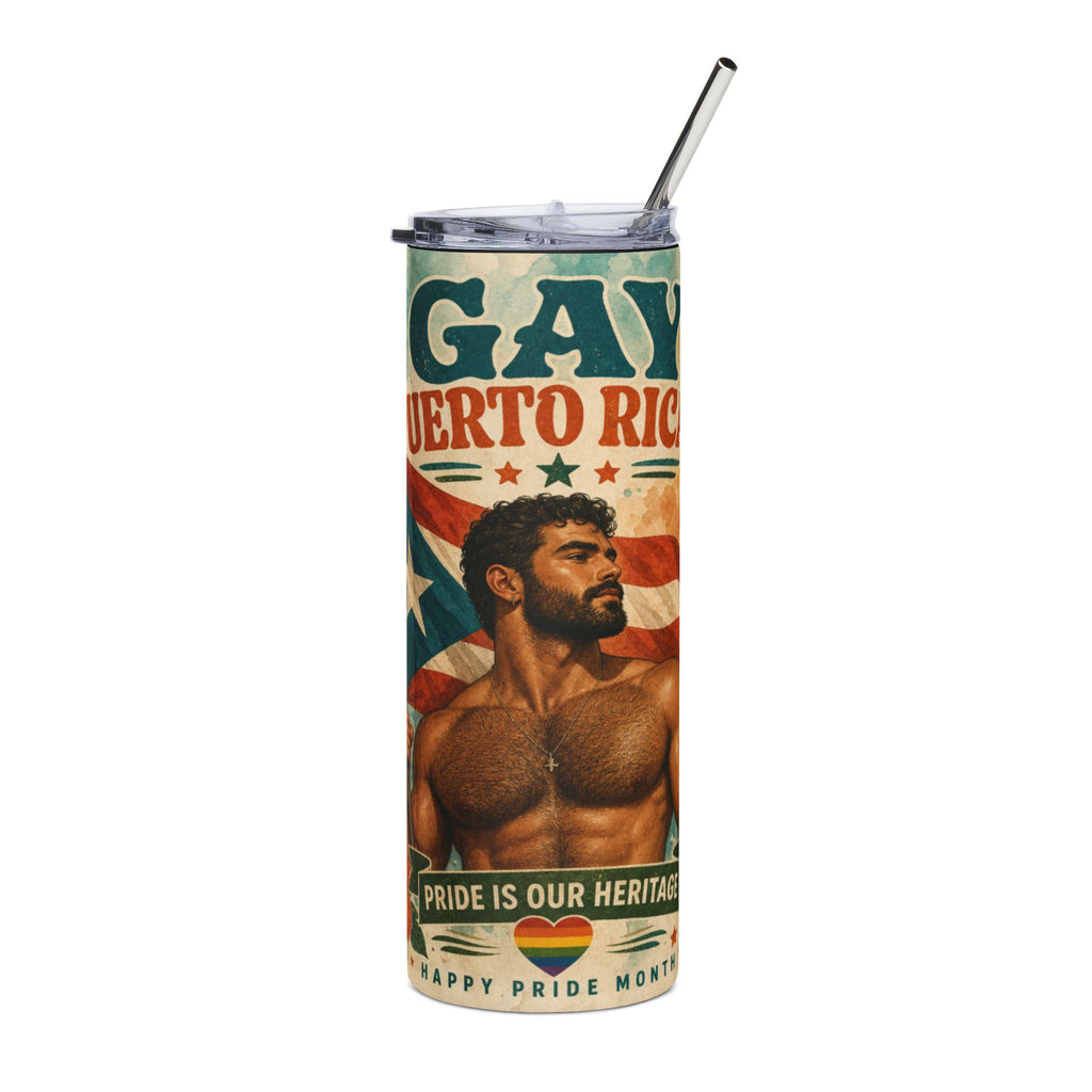 Gay Puerto Rico pride tumbler with man and flag.