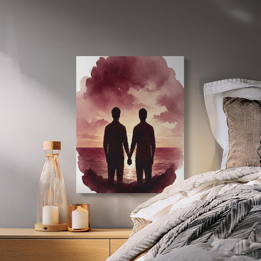 Watercolor painting of two men holding hands at sunset over the ocean.