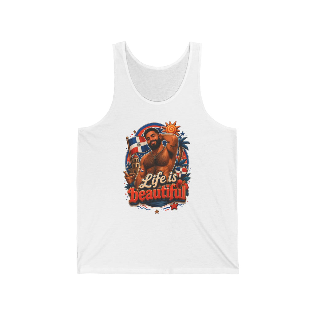 Tank top featuring a muscular man with a flag and tropical scene, "Life is Beautiful" text.