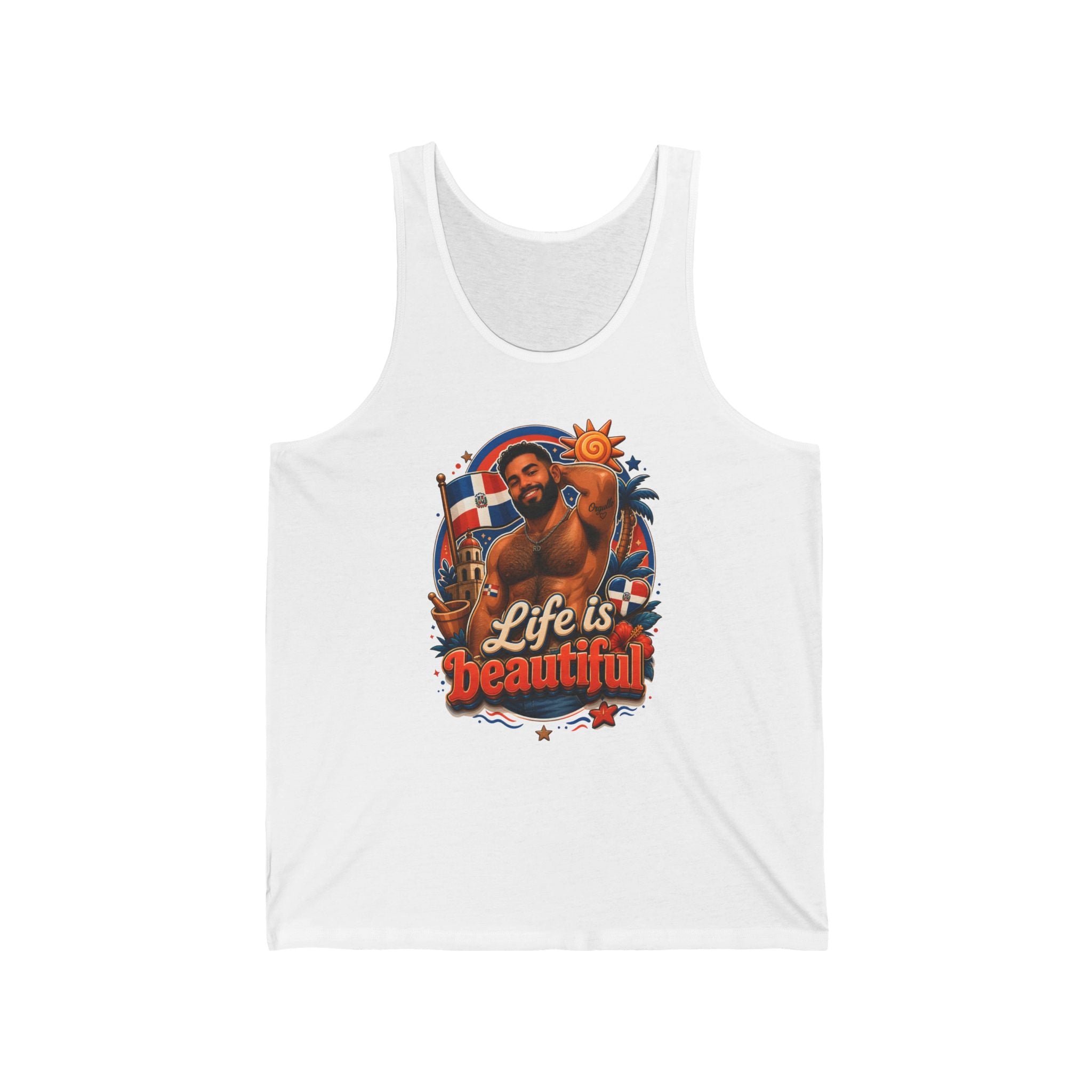 Tank top featuring a muscular man with a flag and tropical scene, "Life is Beautiful" text.