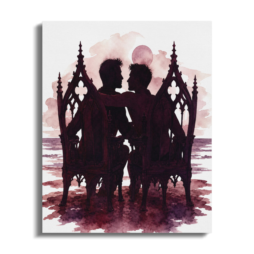Silhouettes of two men embracing, seated on ornate chairs by a moonlit ocean.