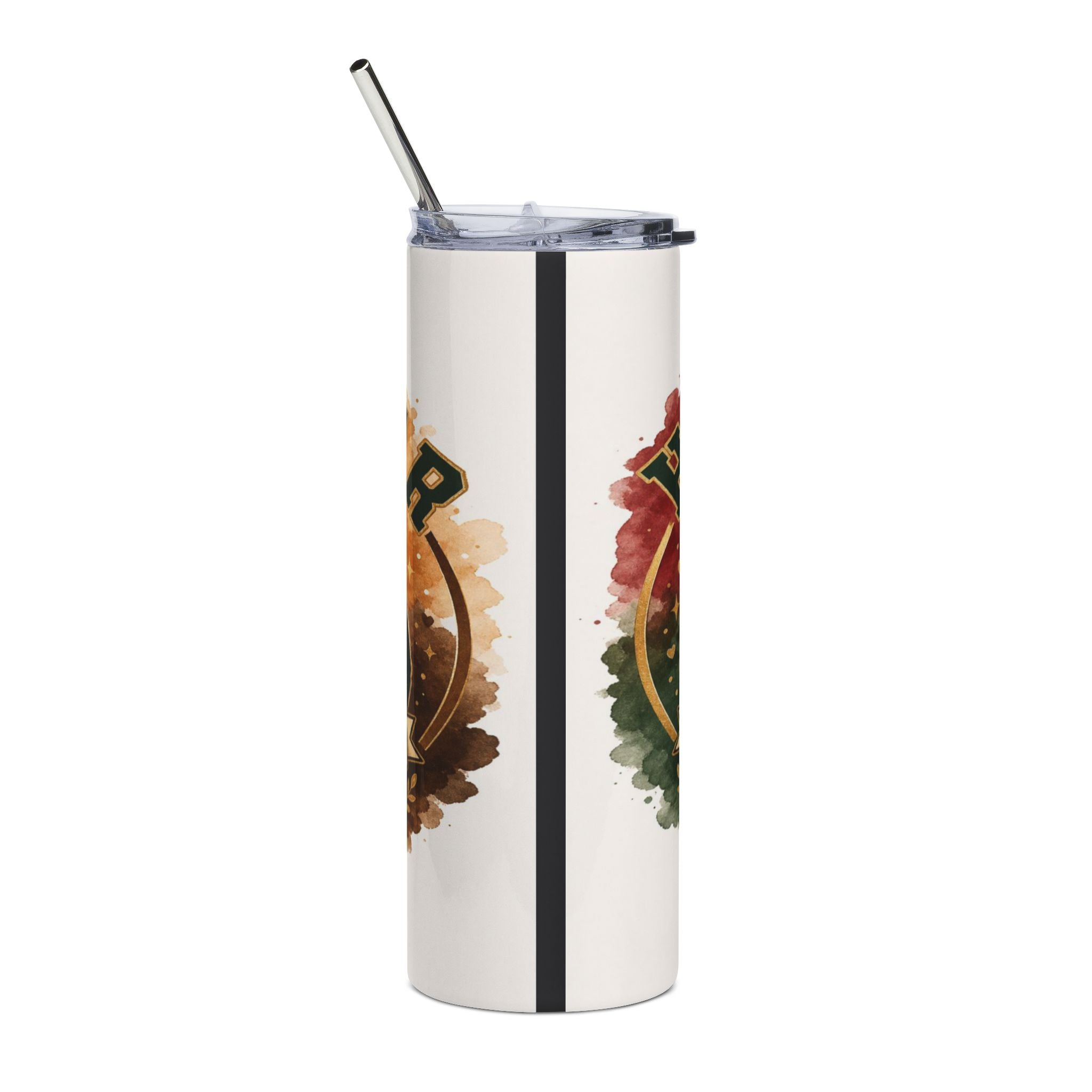 White tumbler with straw featuring watercolor emblems and a dark vertical stripe.