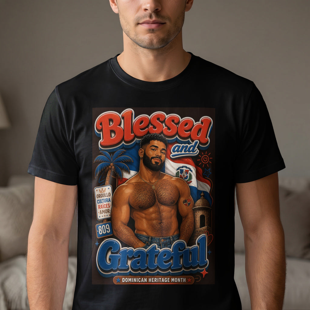 Dominican Heritage Month t-shirt with "Blessed and Grateful" text and flag.