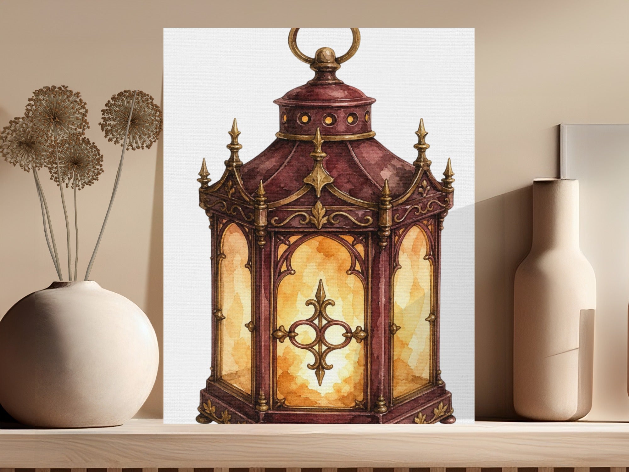 Watercolor painting of an ornate, dark red and gold lantern with illuminated panels.