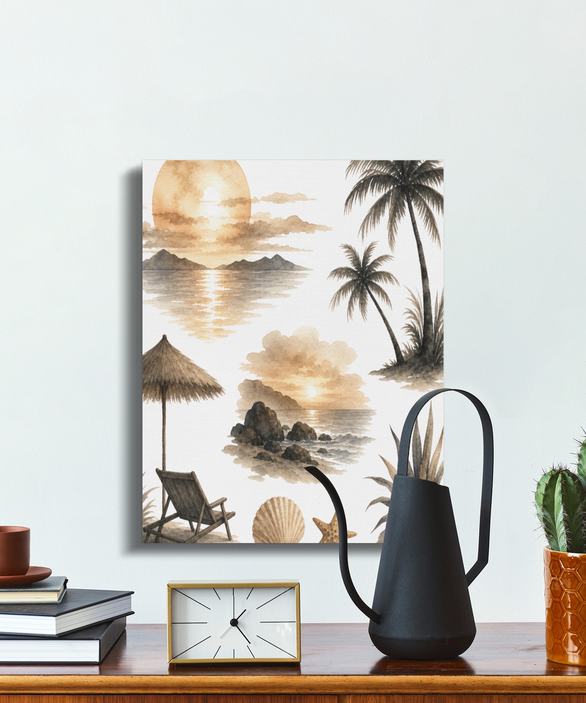 Beach scene collage with palm trees, beach chair, and sunset watercolor art.