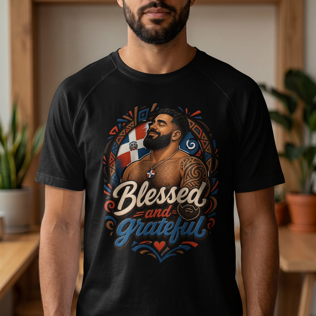 Black t-shirt with a tattooed man, Dominican flag, and "Blessed and Grateful" text.