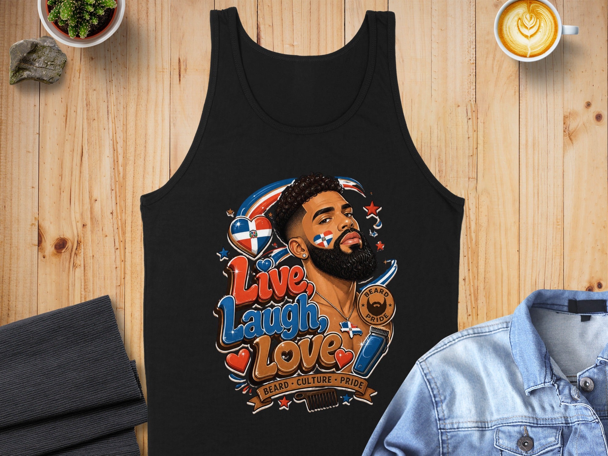 Black tank top with "Live Laugh Love" and beard graphic.