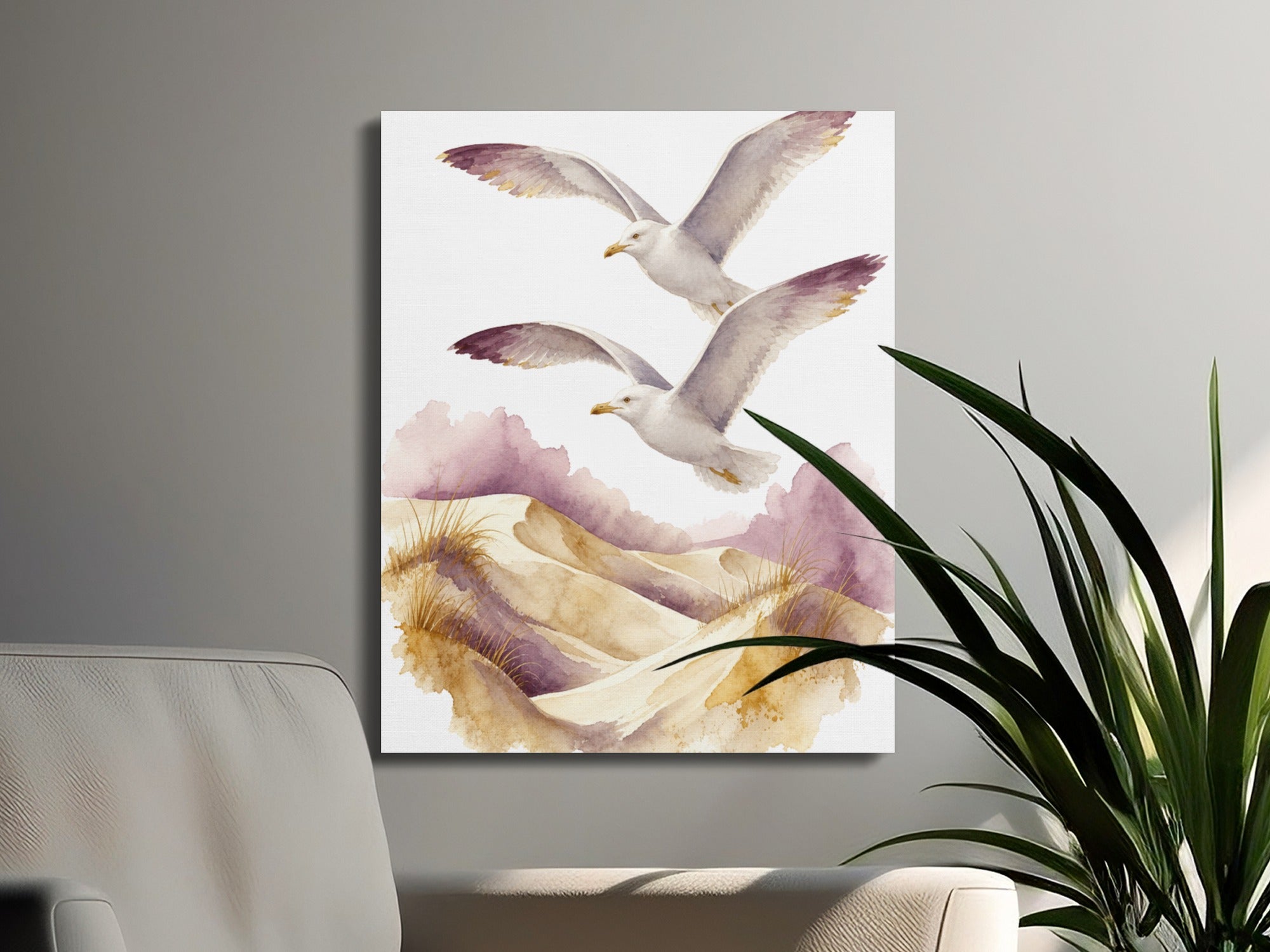 Watercolor painting of two seagulls flying over sand dunes with purple accents.