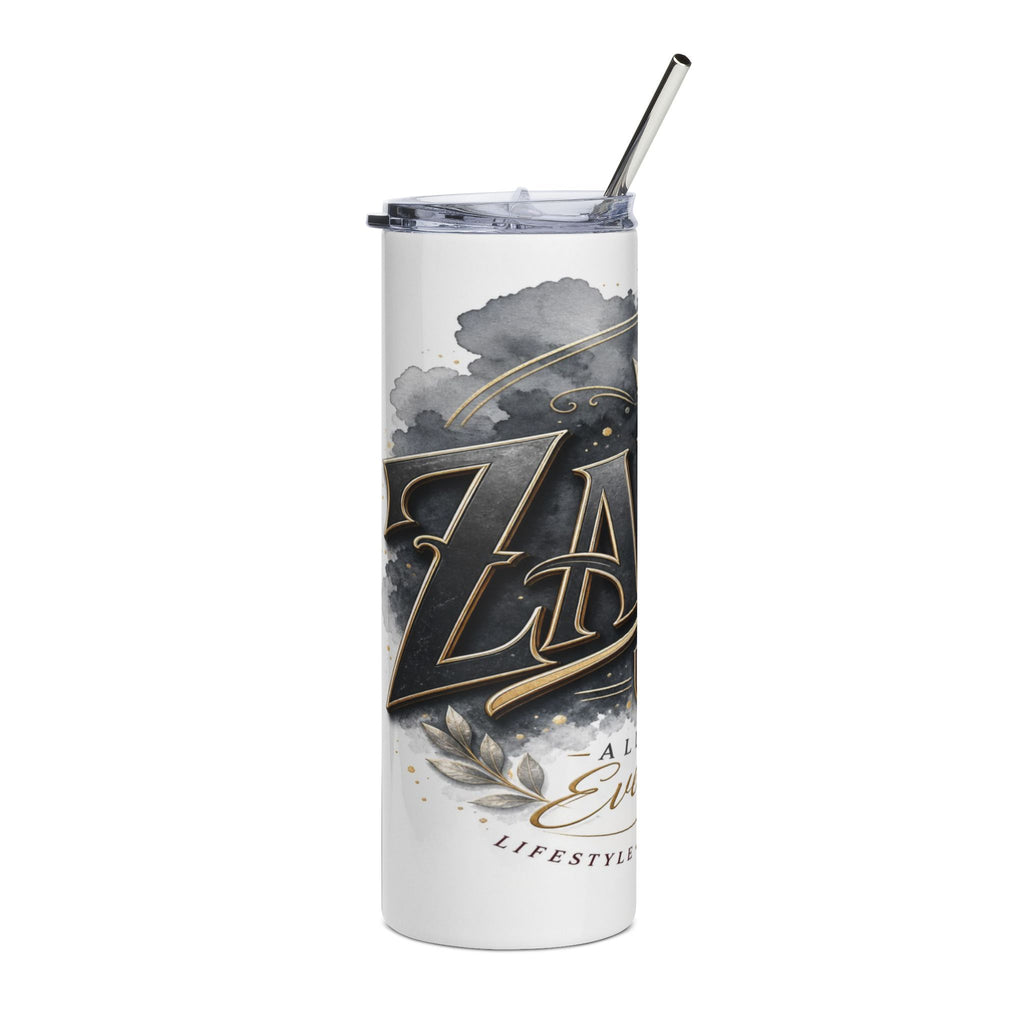 White tumbler with metallic straw, featuring "ZA" logo and "A Lifestyle" text.