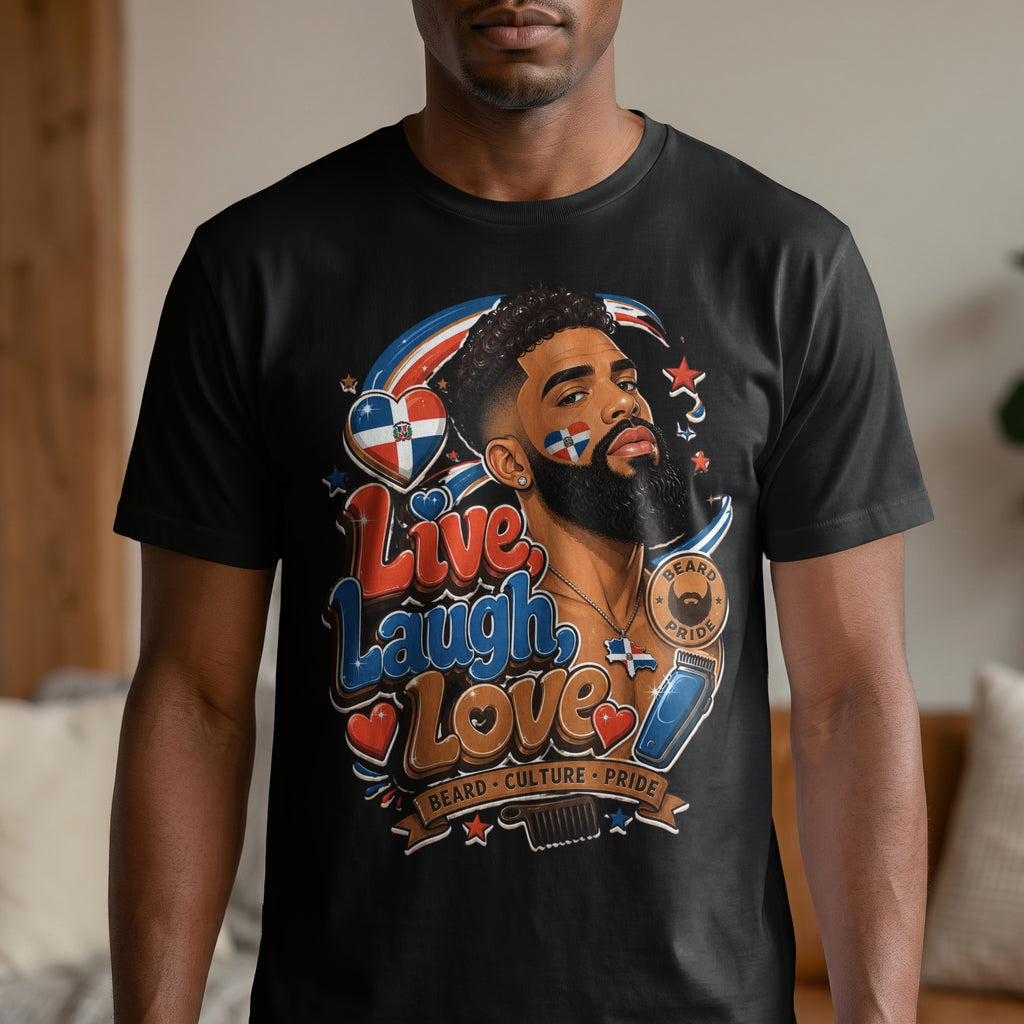 Black t-shirt featuring a man with a beard, flag elements, and the text "Live, Laugh, Love, Beard Culture, Pride."