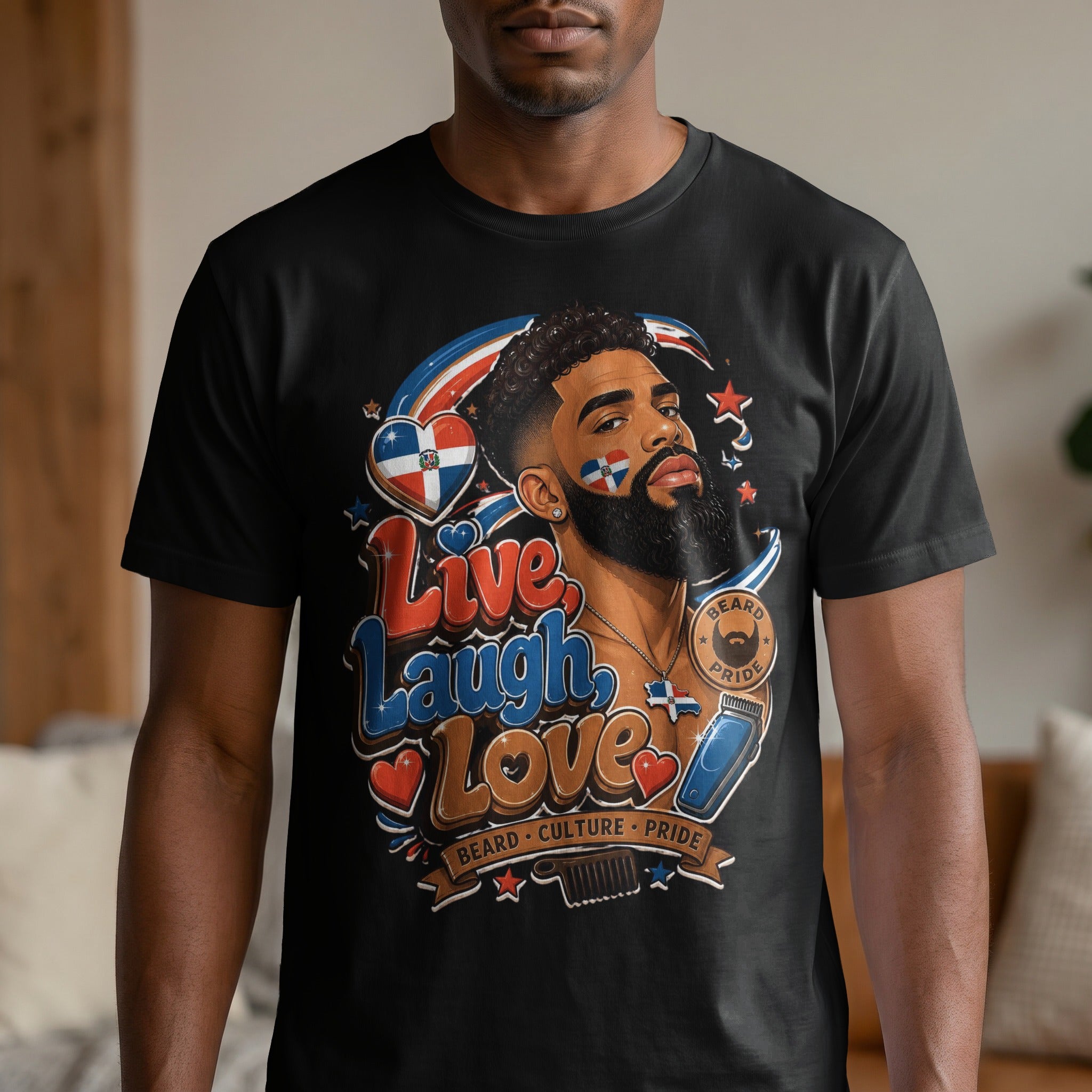 Black t-shirt featuring a man with a beard, flag elements, and the text "Live, Laugh, Love, Beard Culture, Pride."