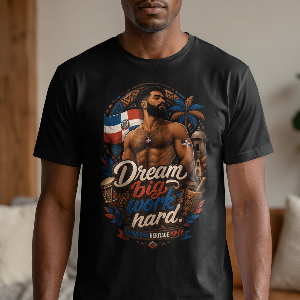 Dominican Heritage Month t-shirt with flag, congas, and building graphics.