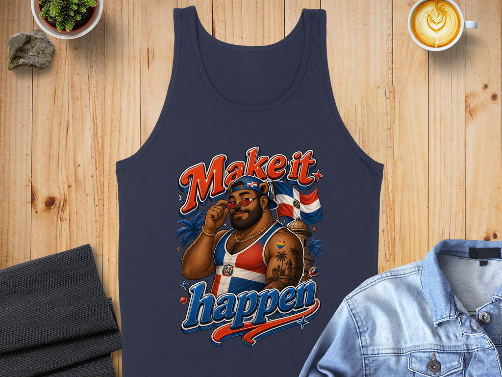 Navy tank top with "Make it happen" text and Dominican Republic flag graphic.