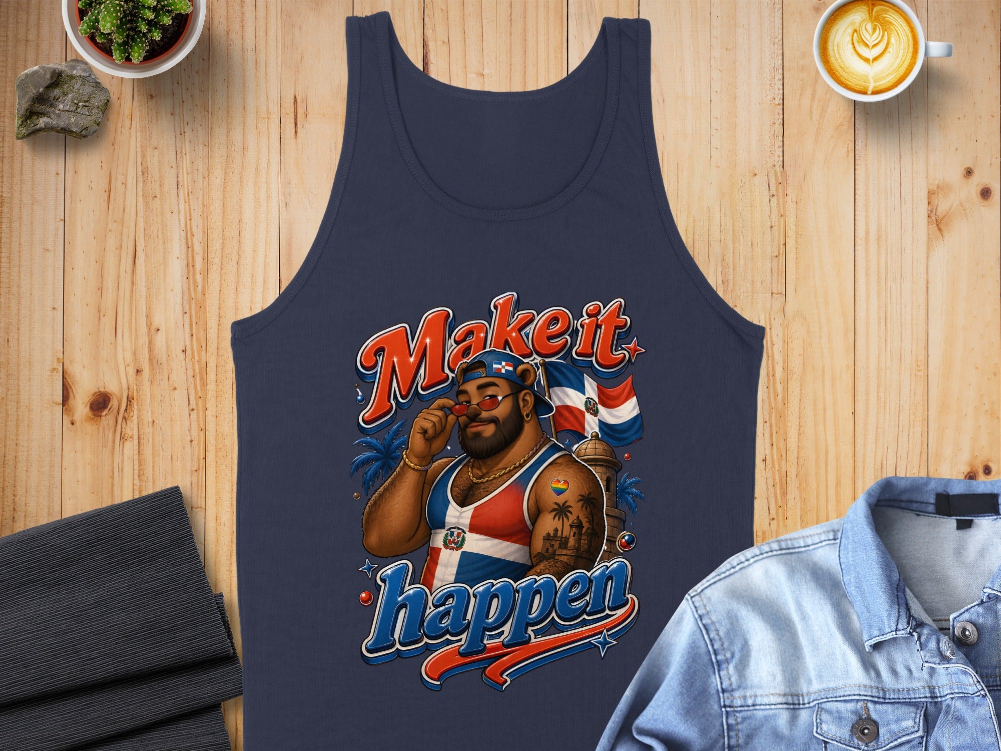 Navy tank top with "Make it happen" text and Dominican Republic flag graphic.