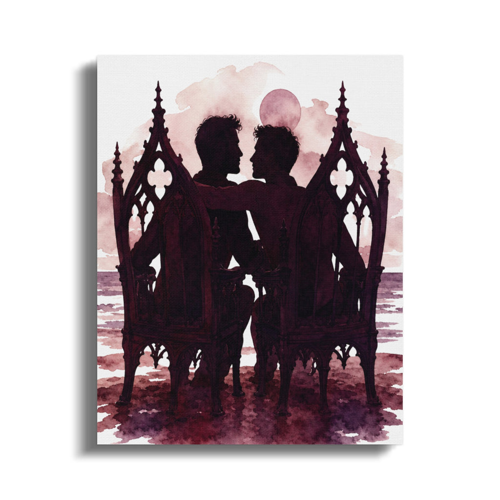 Silhouetted figures embrace on ornate chairs against a watercolor sunset and full moon.