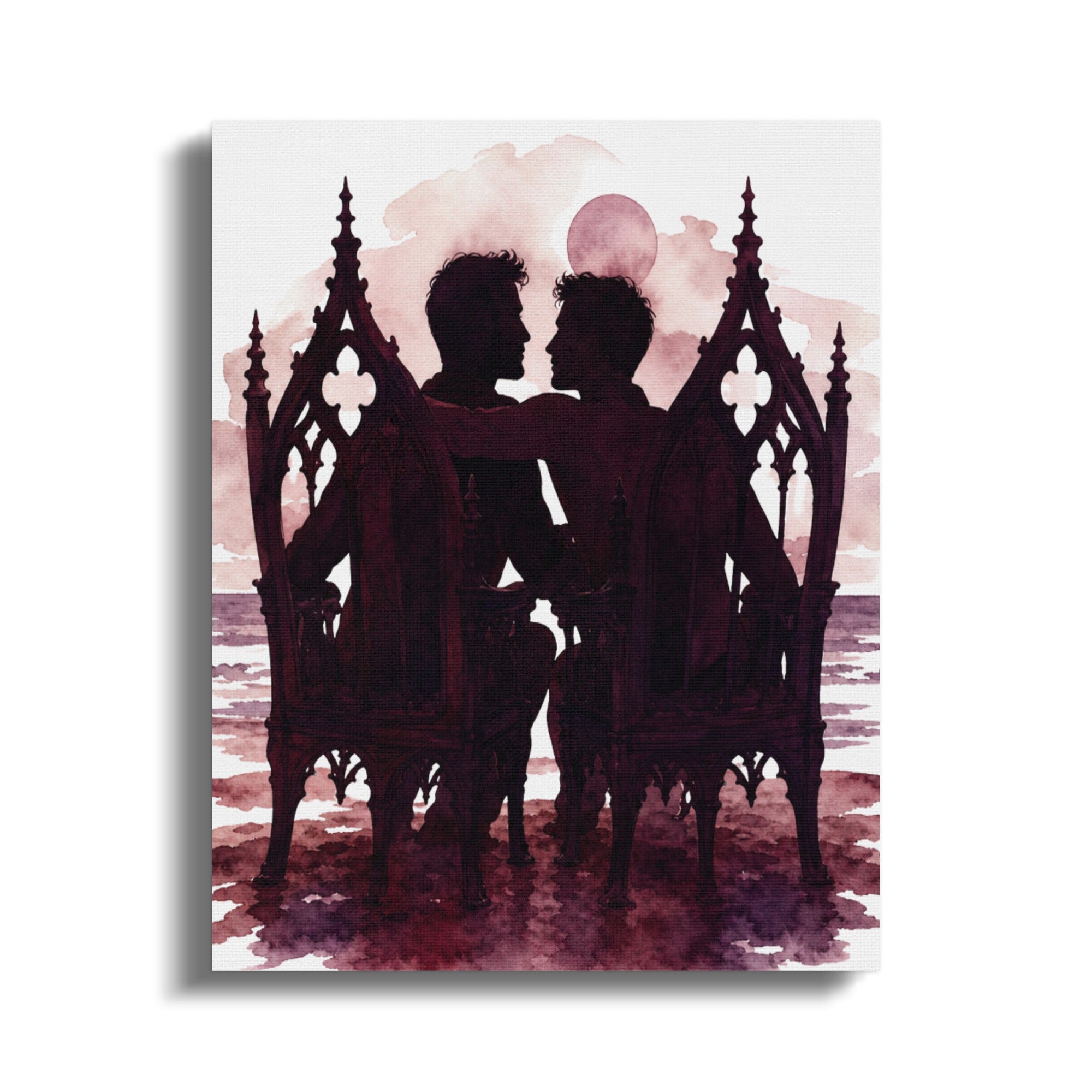 Silhouetted figures embrace on ornate chairs against a watercolor sunset and full moon.