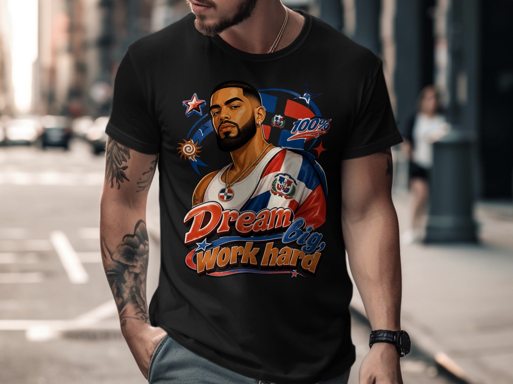Man wearing a black t-shirt with "Dream big, work hard" and Dominican flag design.