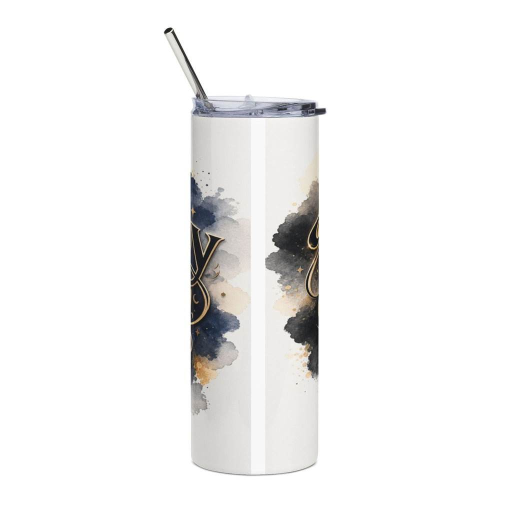 White tumbler with metallic straw, transparent lid, and dark watercolor splatter design.
