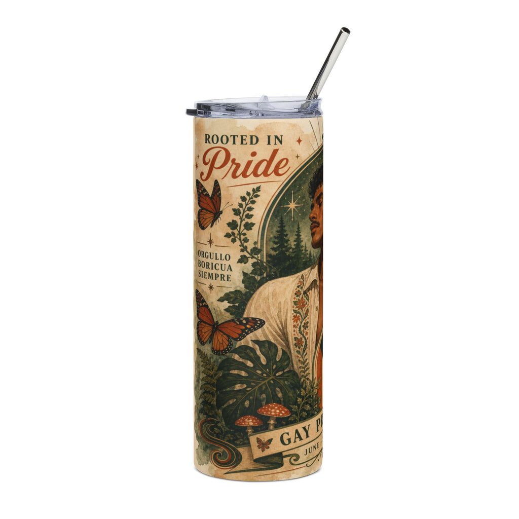 Tall tumbler with "Rooted in Pride" and "Orgullo Boricua Siempre" text, butterflies, and a portrait.