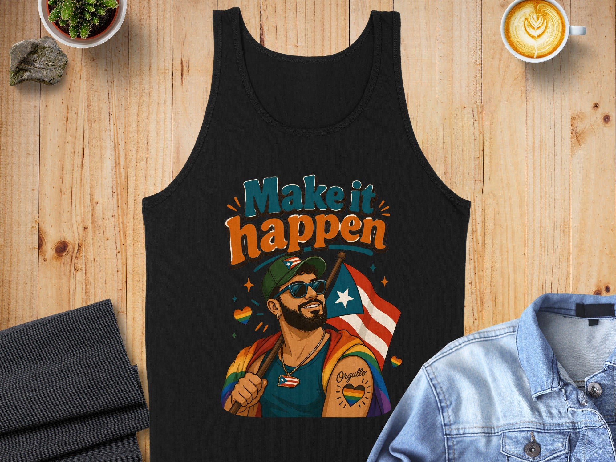 Man wearing a tank top with "Make it happen" and Puerto Rican pride flag.