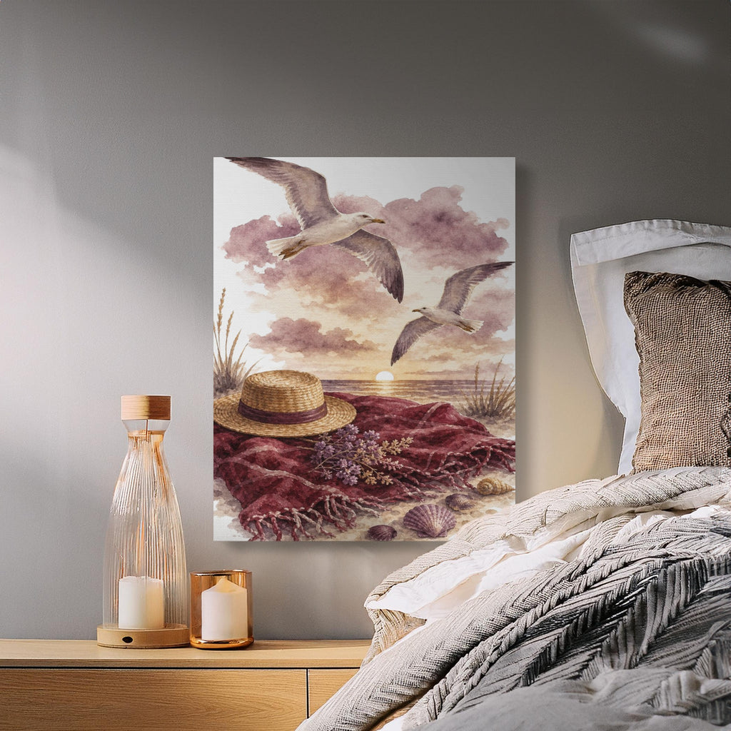 Watercolor painting of two seagulls flying over a beach scene with a straw hat.