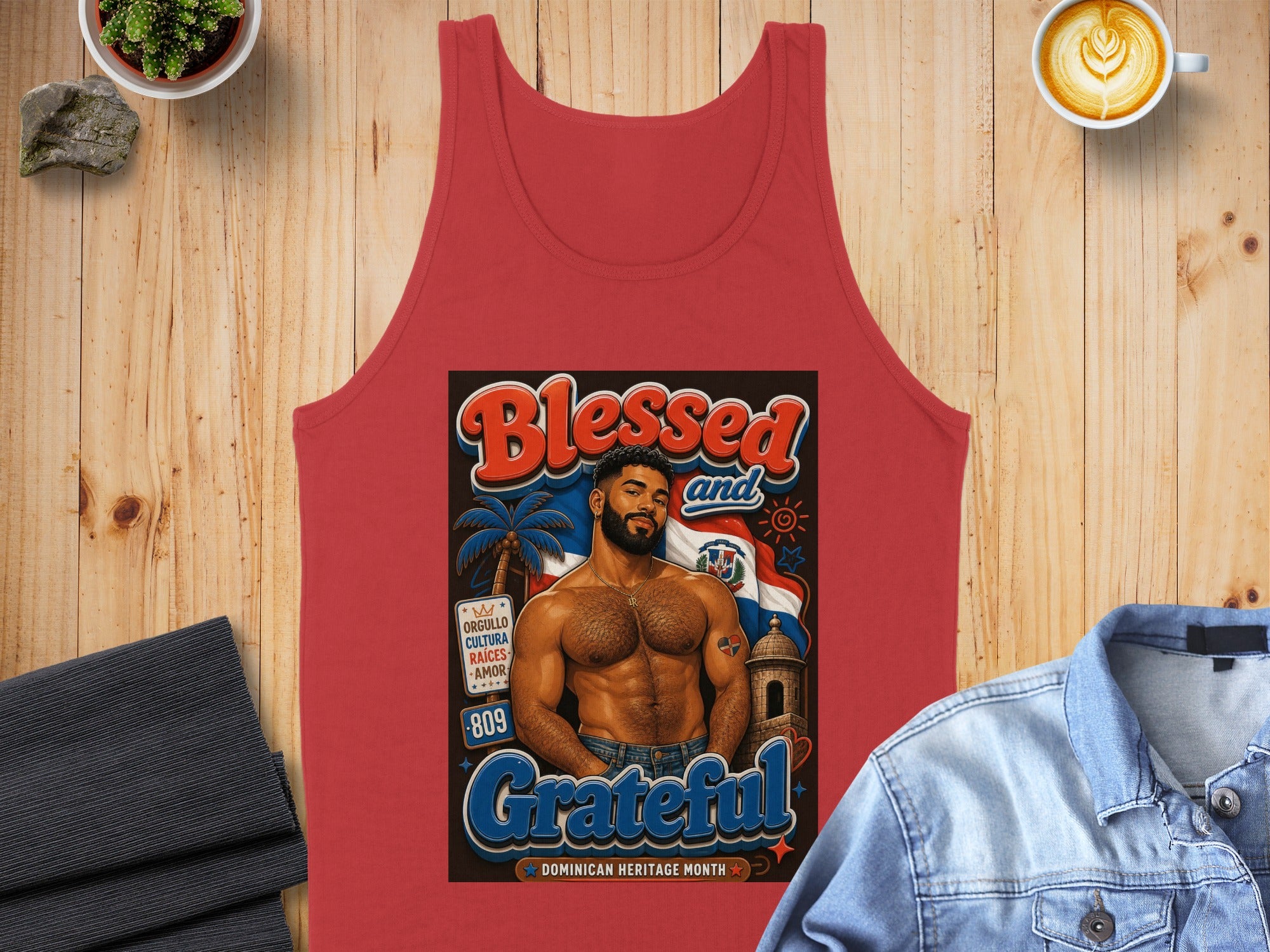 Red tank top with "Blessed and Grateful" text, a man, and the Dominican Republic flag.