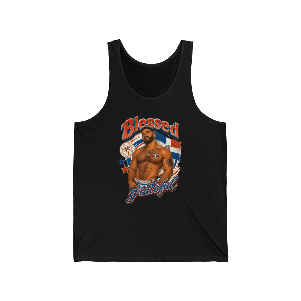 Black tank top featuring a muscular man with Dominican flag and "Blessed and Grateful" text.