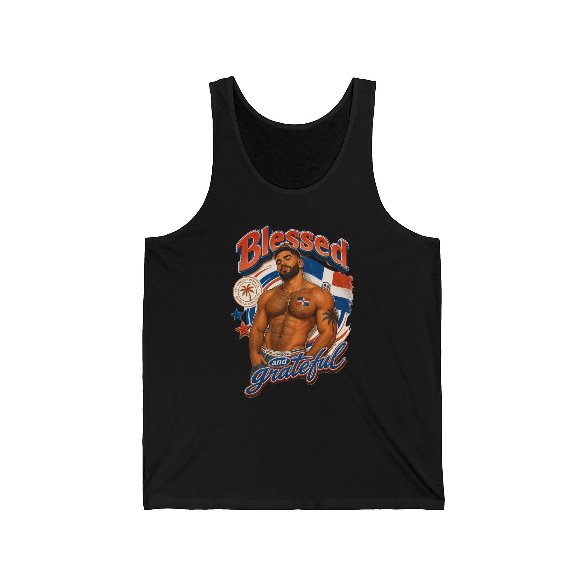 Black tank top featuring a muscular man with Dominican flag and "Blessed and Grateful" text.