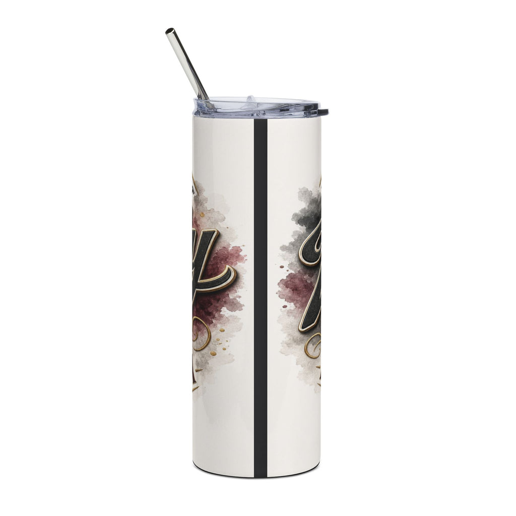 White tumbler with black and burgundy watercolor design and gold accents.