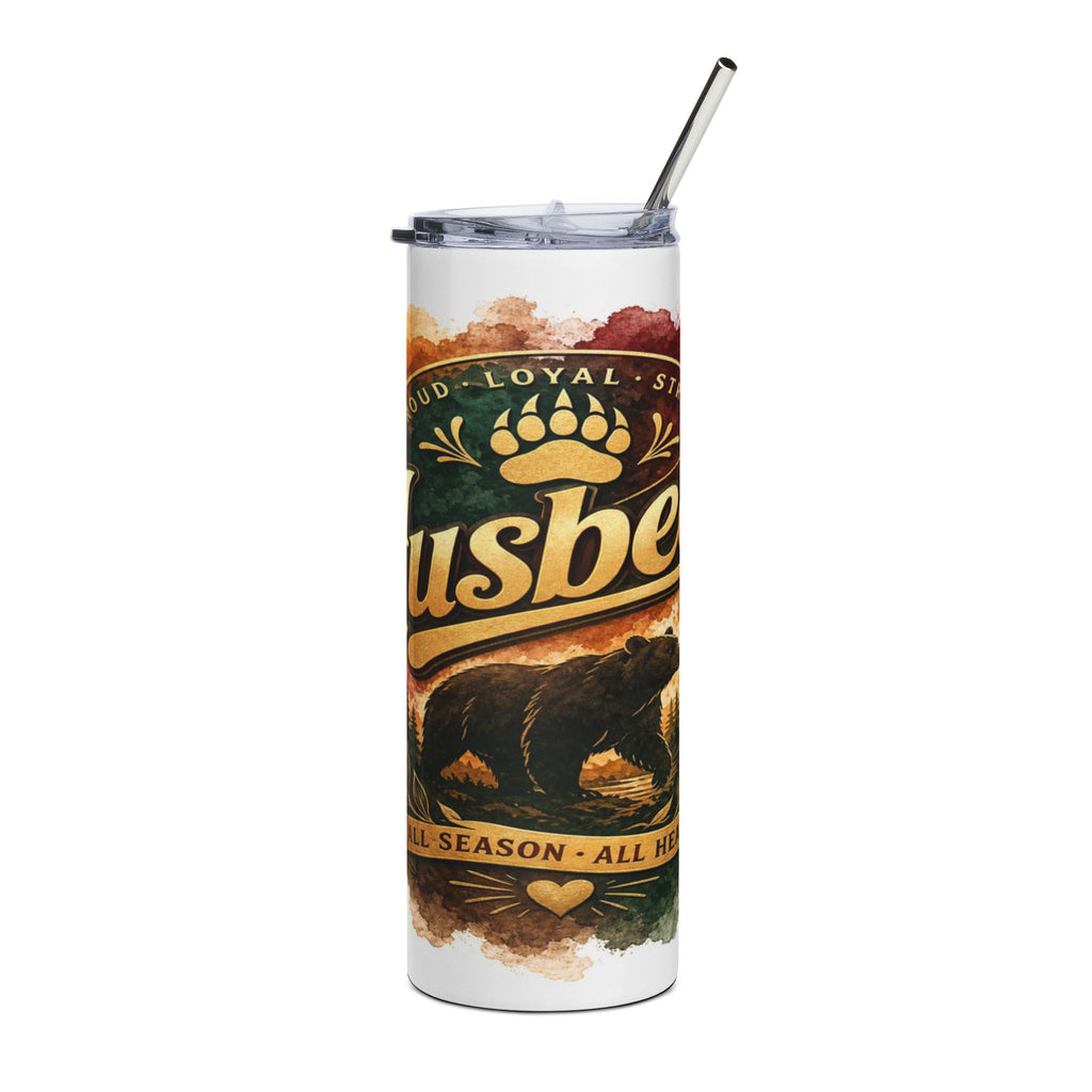 White tumbler with bear and paw print design, "Usbe" text.