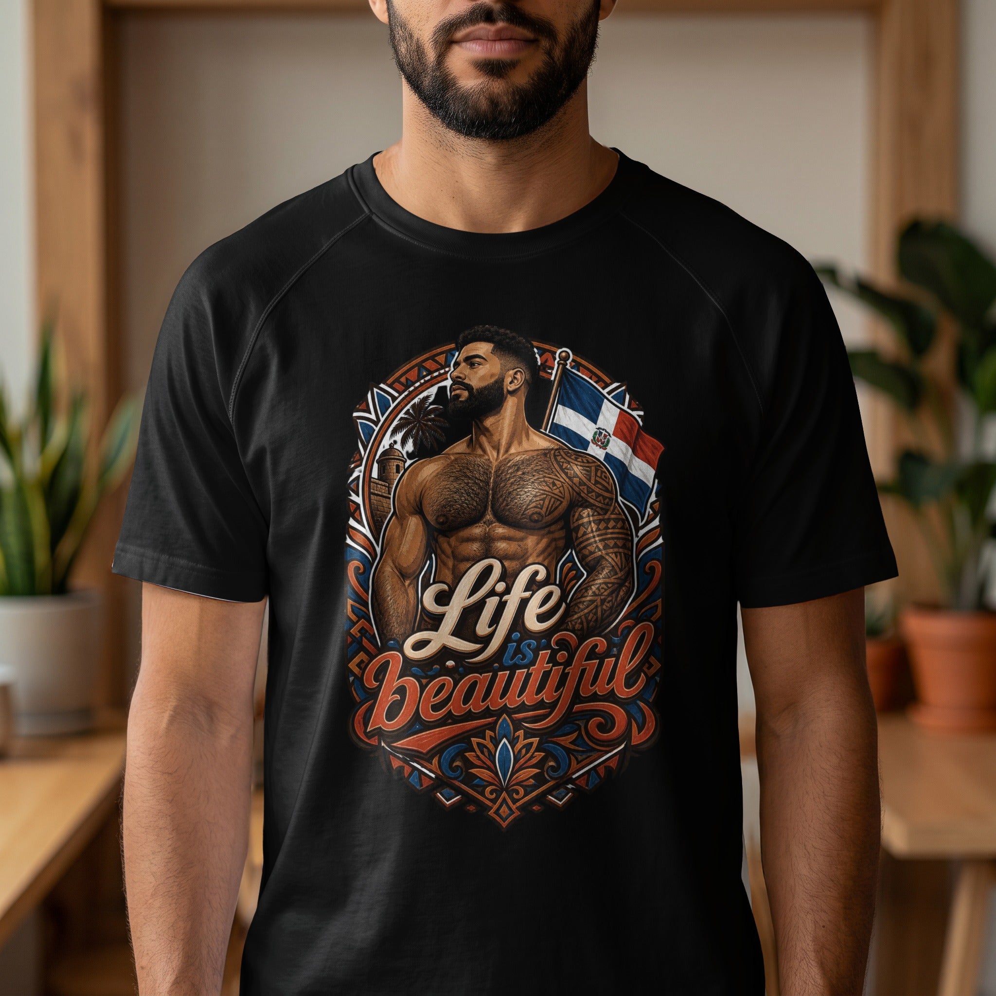 T-shirt with muscular man, Dominican flag, and "Life is Beautiful" text.