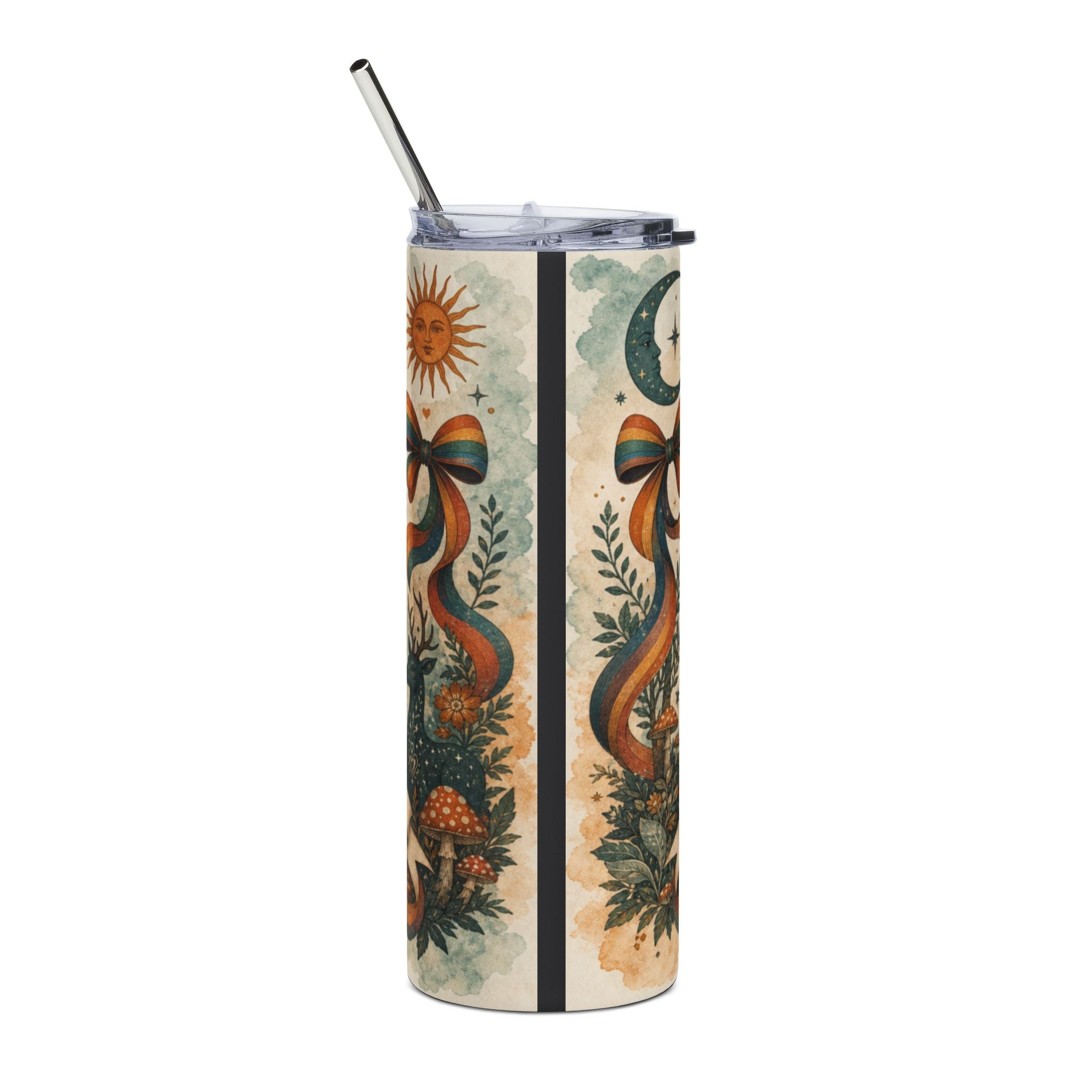 Tumbler with celestial moon, sun, mushrooms, and rainbow ribbon designs.