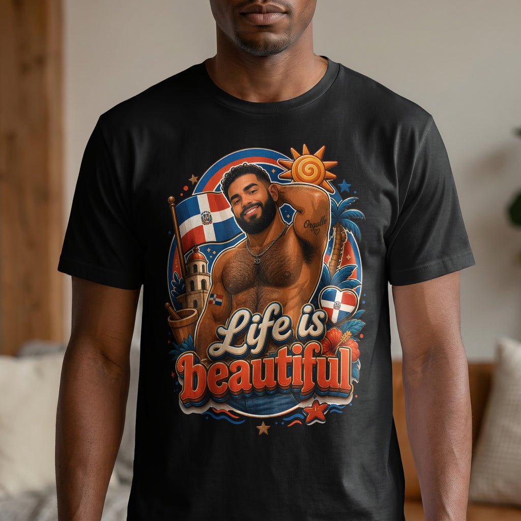 Man wearing a black t-shirt with "Life is beautiful" and Dominican Republic flag imagery.