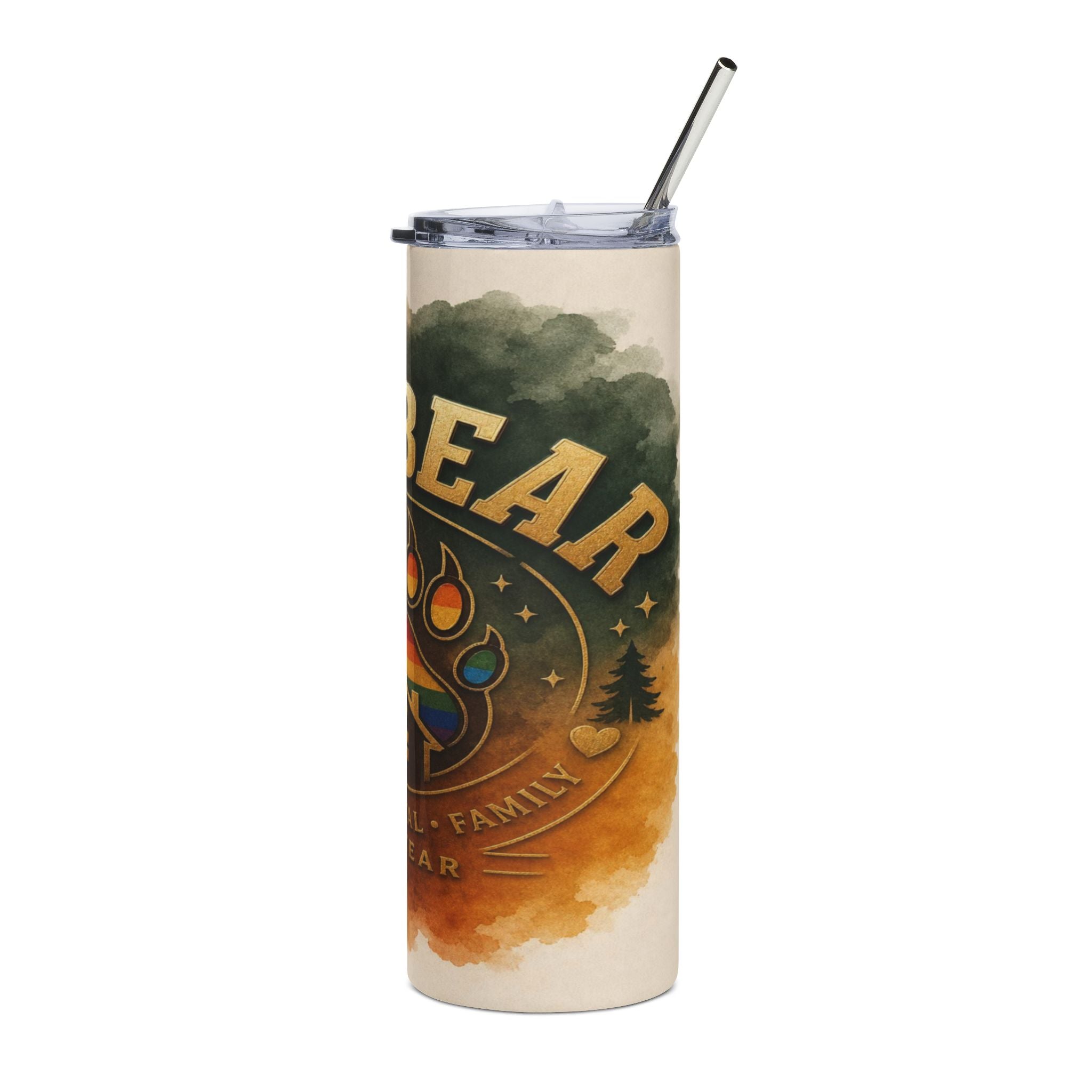 Tumbler with "BEAR" text, rainbow paw print, and nature design.