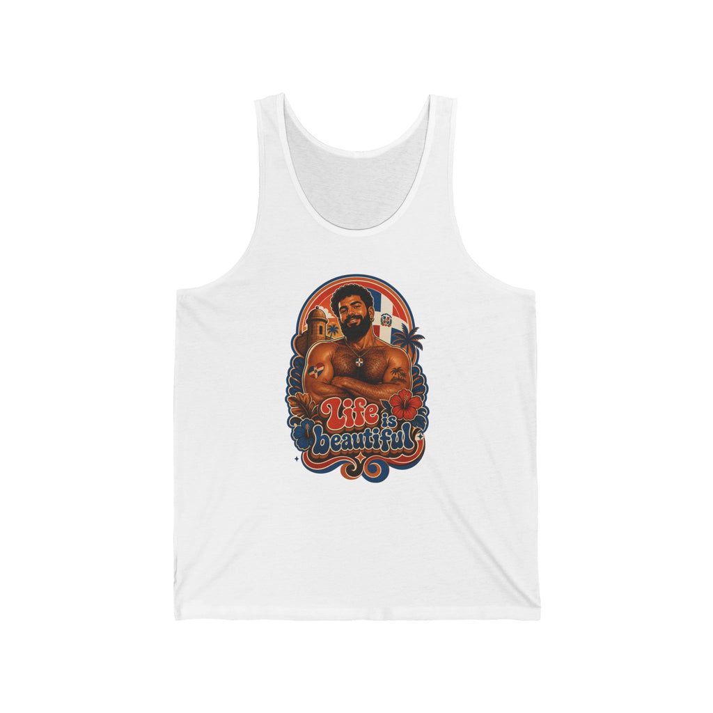 Tank top with man and "Life is beautiful" text, palm trees, and island scene.