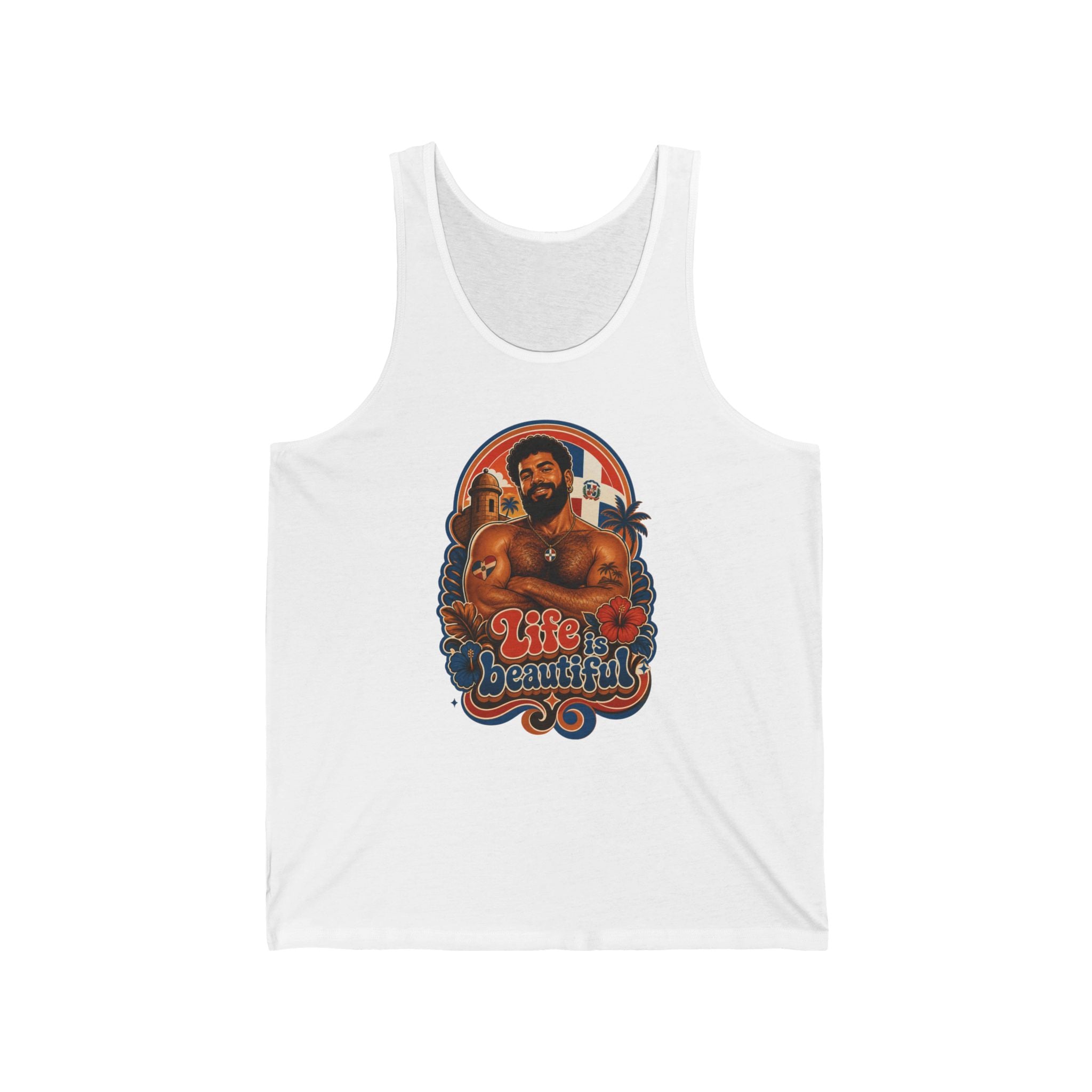 Tank top with man and "Life is beautiful" text, palm trees, and island scene.