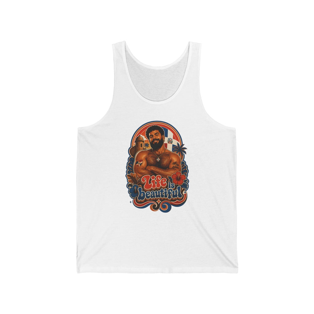 Tank top with man and "Life is beautiful" text, palm trees, and island scene.