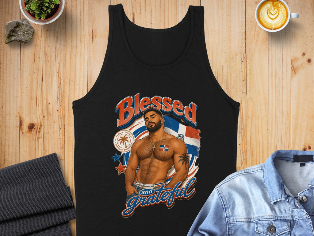 Black tank top with "Blessed and grateful" text and Dominican flag design.