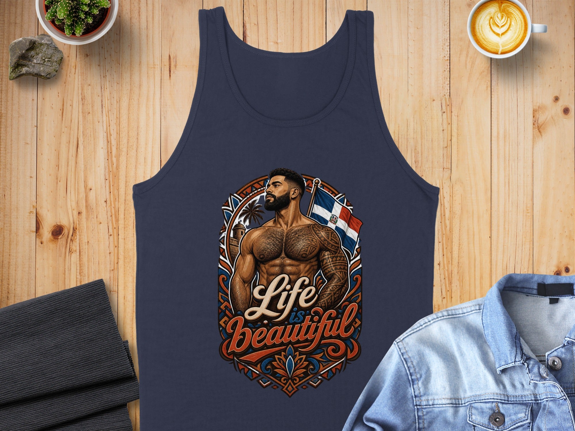 Navy tank top with a man displaying tattoos and the Dominican Republic flag.