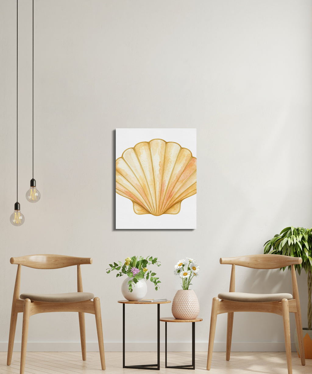 Watercolor painting of an orange and yellow scallop shell centered on a white background.