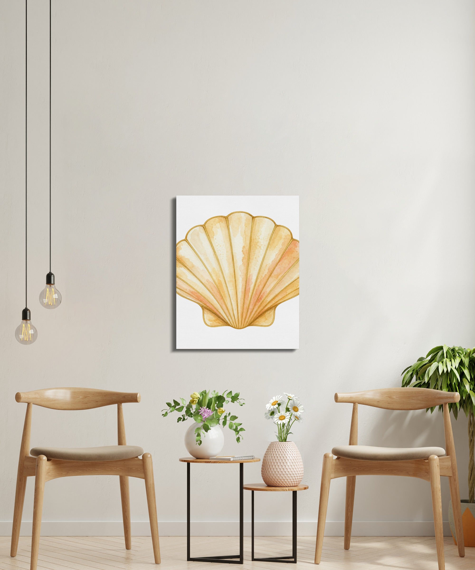 Watercolor painting of an orange and yellow scallop shell centered on a white background.