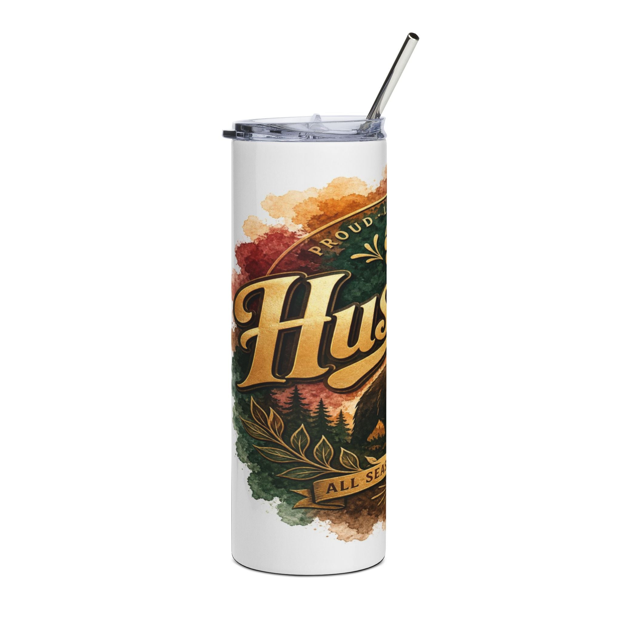 White tumbler with "Proud Husky" and "All Seasons" text, forest graphic, and watercolor accents.